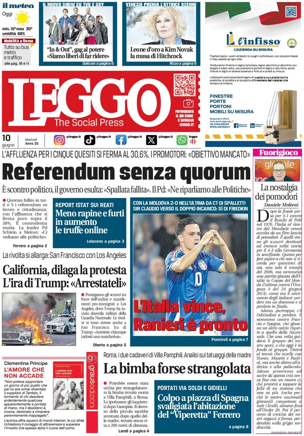 anteprima della prima pagina di leggo-roma del 10/06/2025