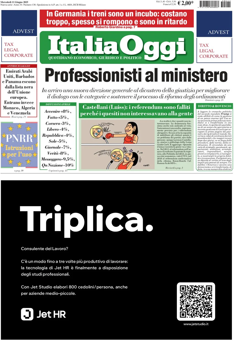 anteprima della prima pagina di italiaoggi del 11/06/2025