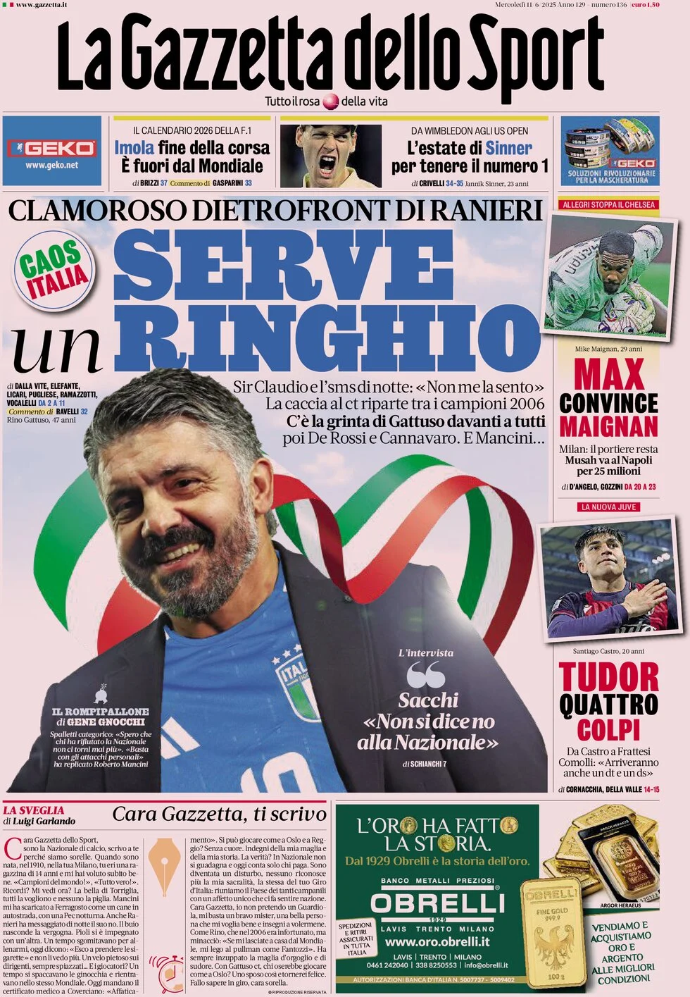 anteprima della prima pagina di la-gazzetta-dello-sport del 11/06/2025