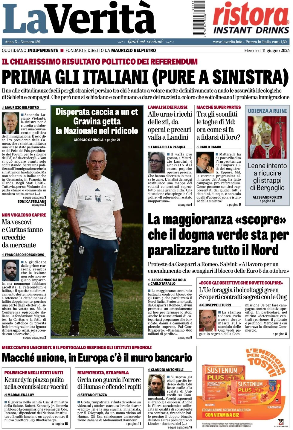 anteprima della prima pagina di la-verit del 11/06/2025