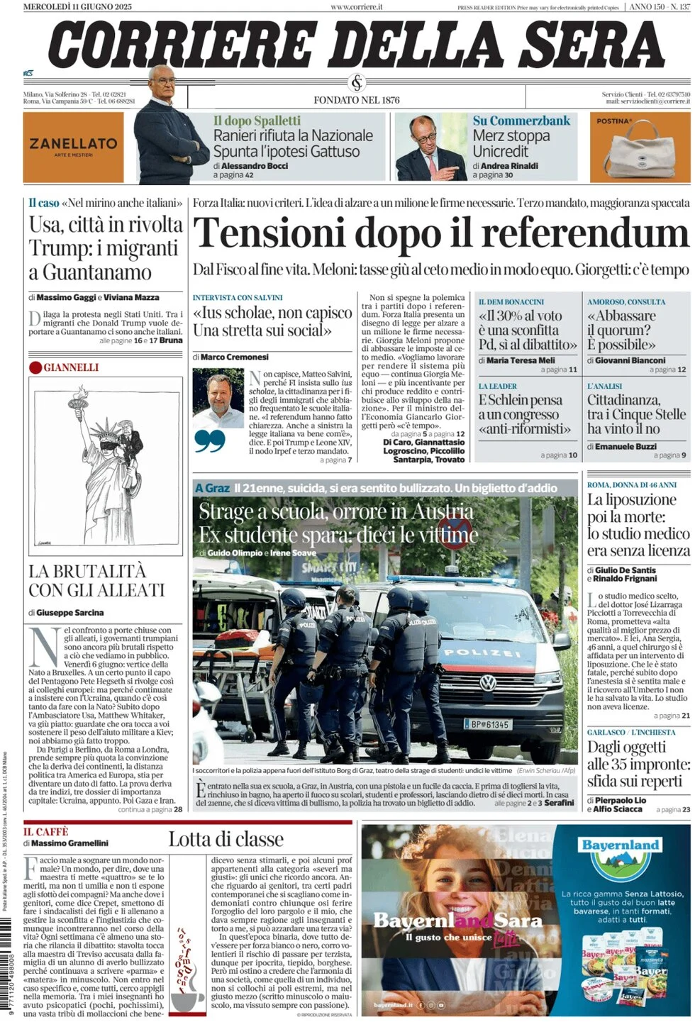 anteprima della prima pagina di corriere-della-sera del 11/06/2025
