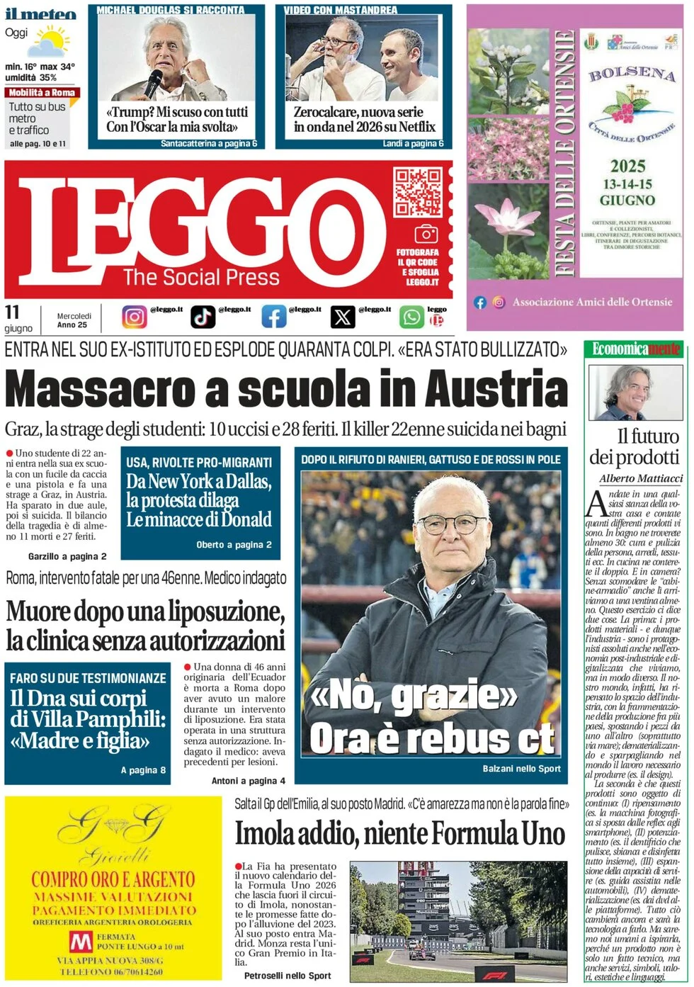 anteprima della prima pagina di leggo-roma del 11/06/2025