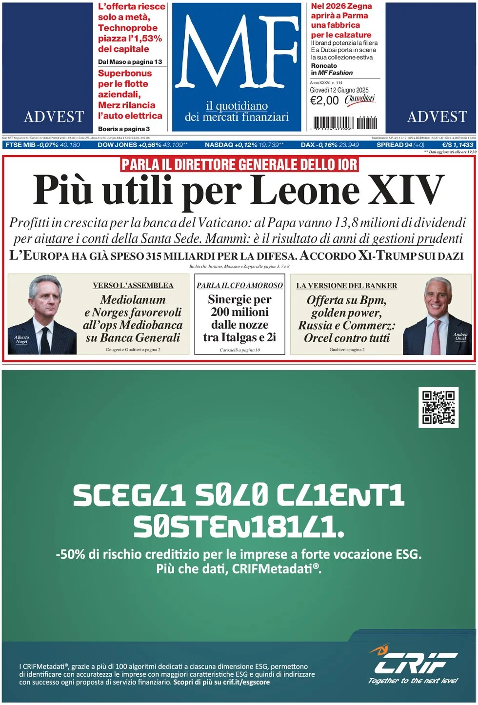 anteprima della prima pagina di MF Milano Finanza