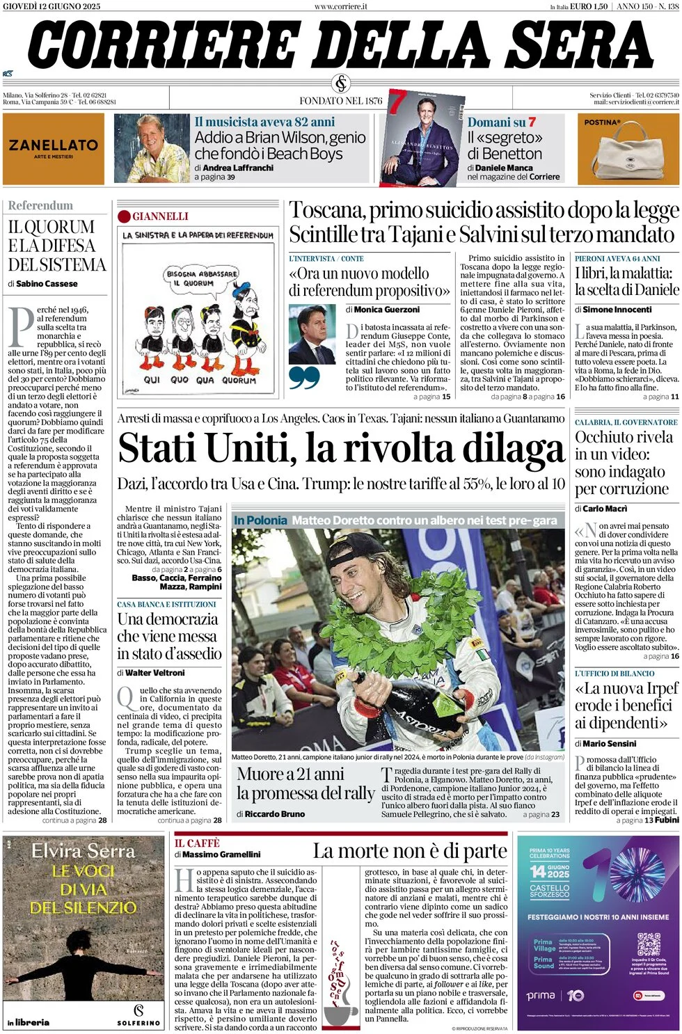 anteprima della prima pagina di corriere-della-sera del 12/06/2025