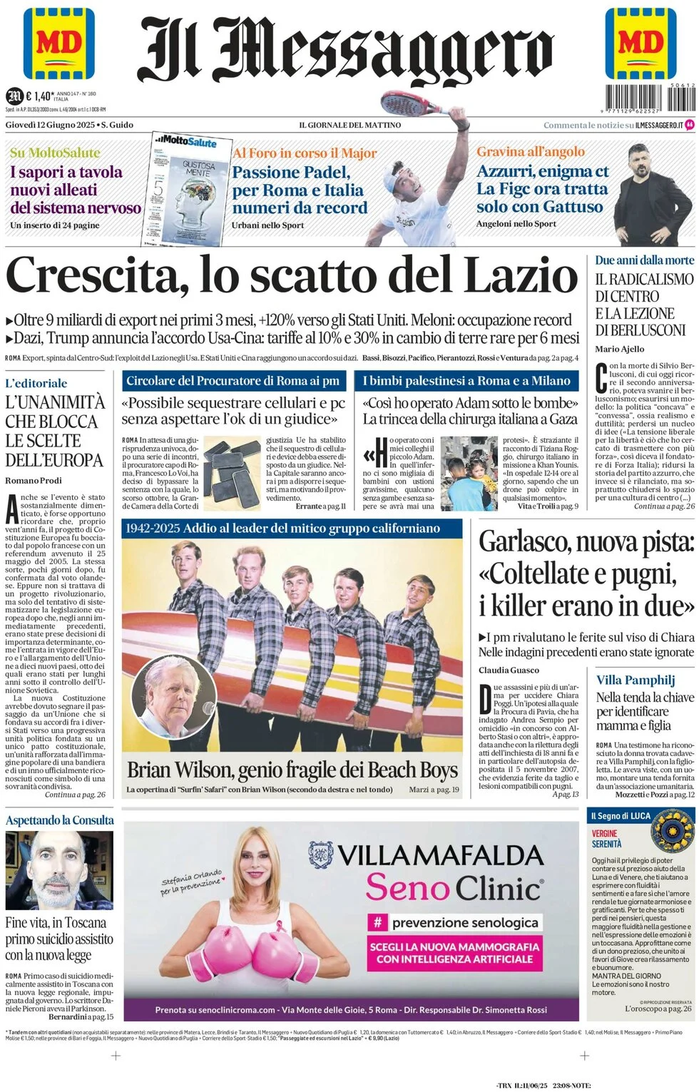 anteprima della prima pagina di Il Messaggero