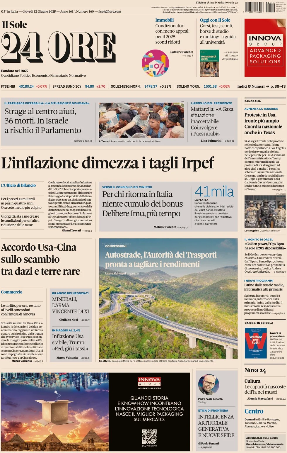anteprima della prima pagina di Il Sole 24 Ore
