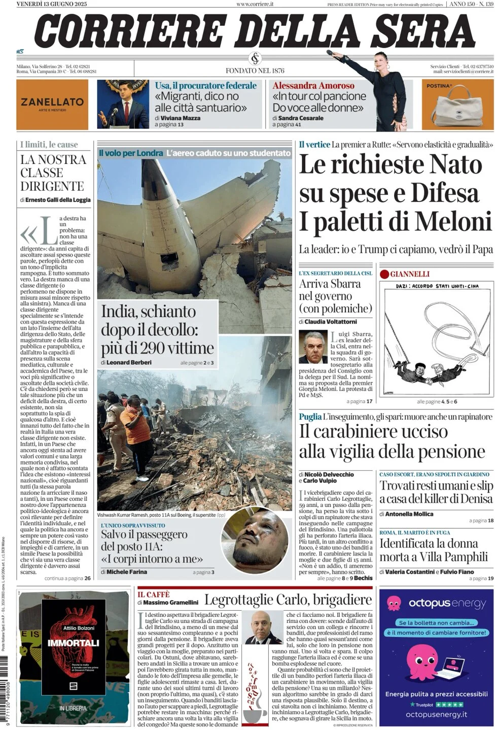 anteprima della prima pagina di corriere-della-sera del 13/06/2025