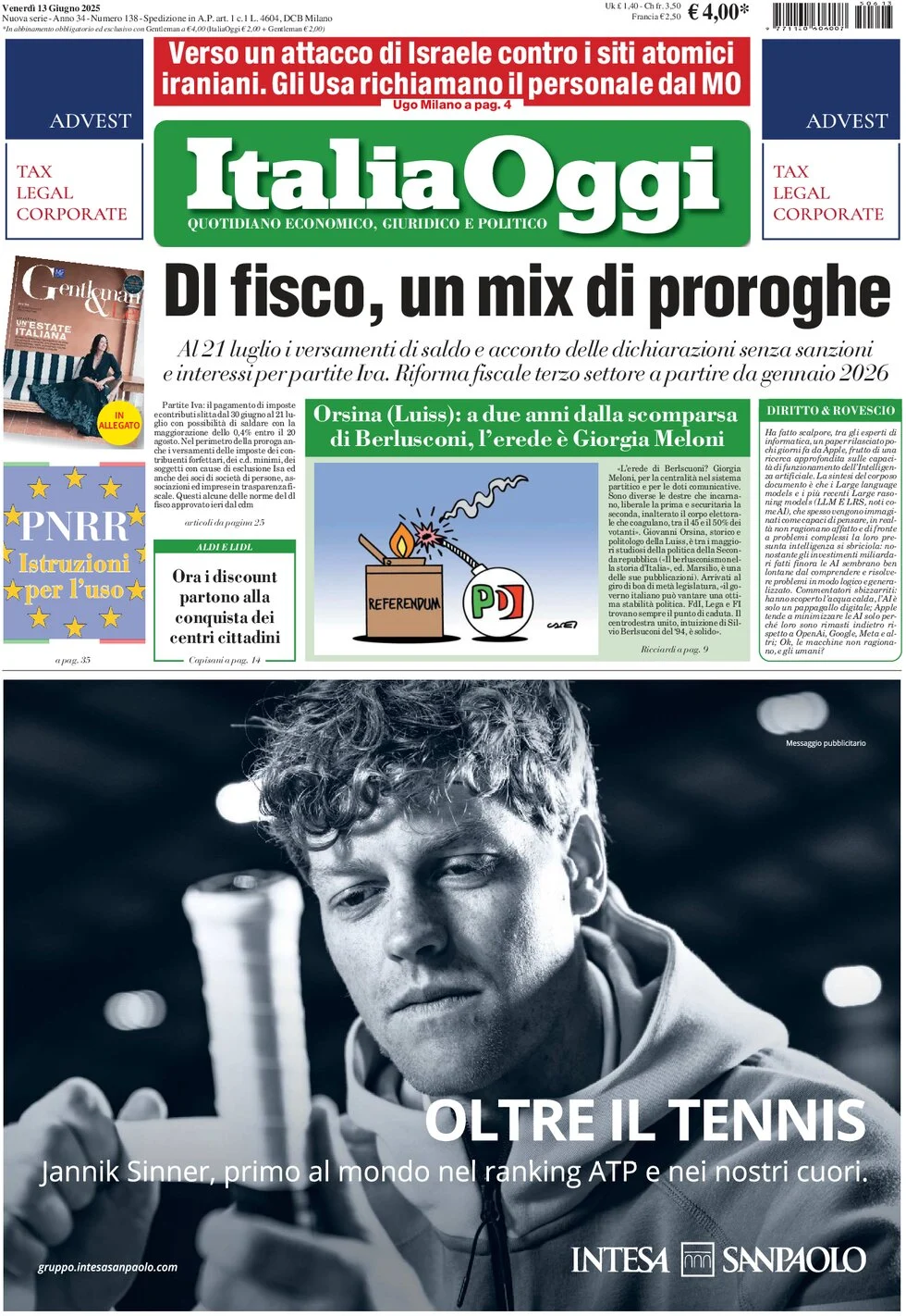 Anteprima prima pagina della rasegna stampa di ieri 2025-06-13 - italia-oggi/