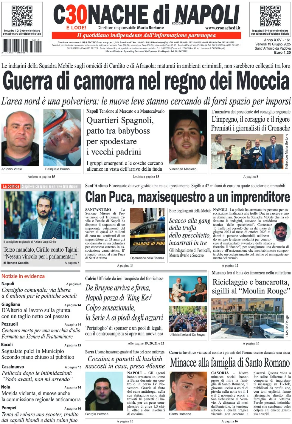 anteprima della prima pagina di cronache-di-napoli del 13/06/2025