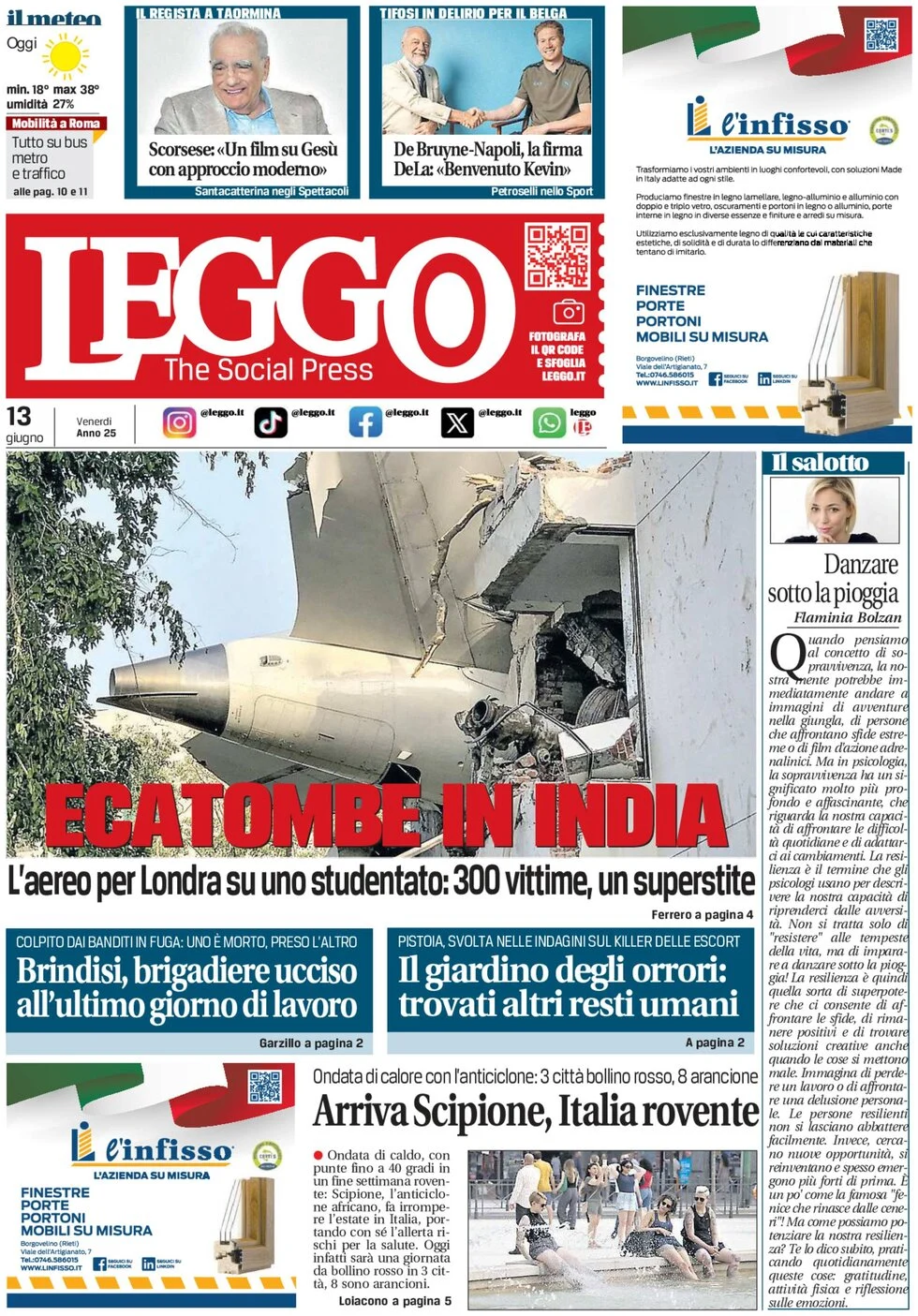 anteprima della prima pagina di leggo-roma del 13/06/2025