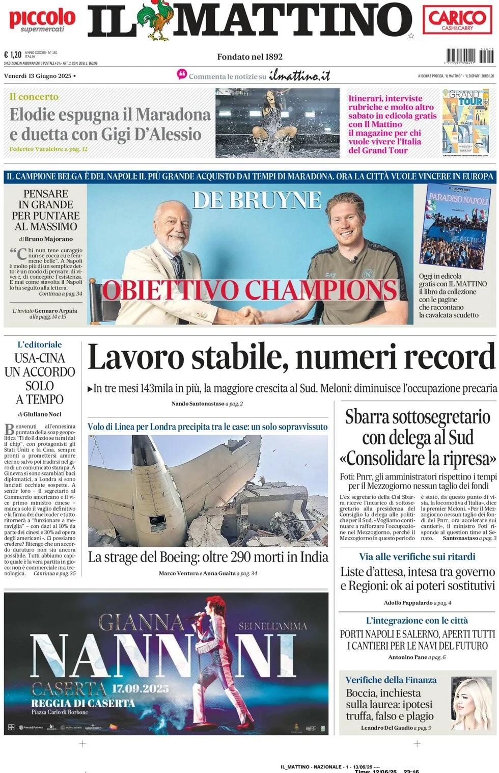 anteprima della prima pagina di il-mattino del 13/06/2025