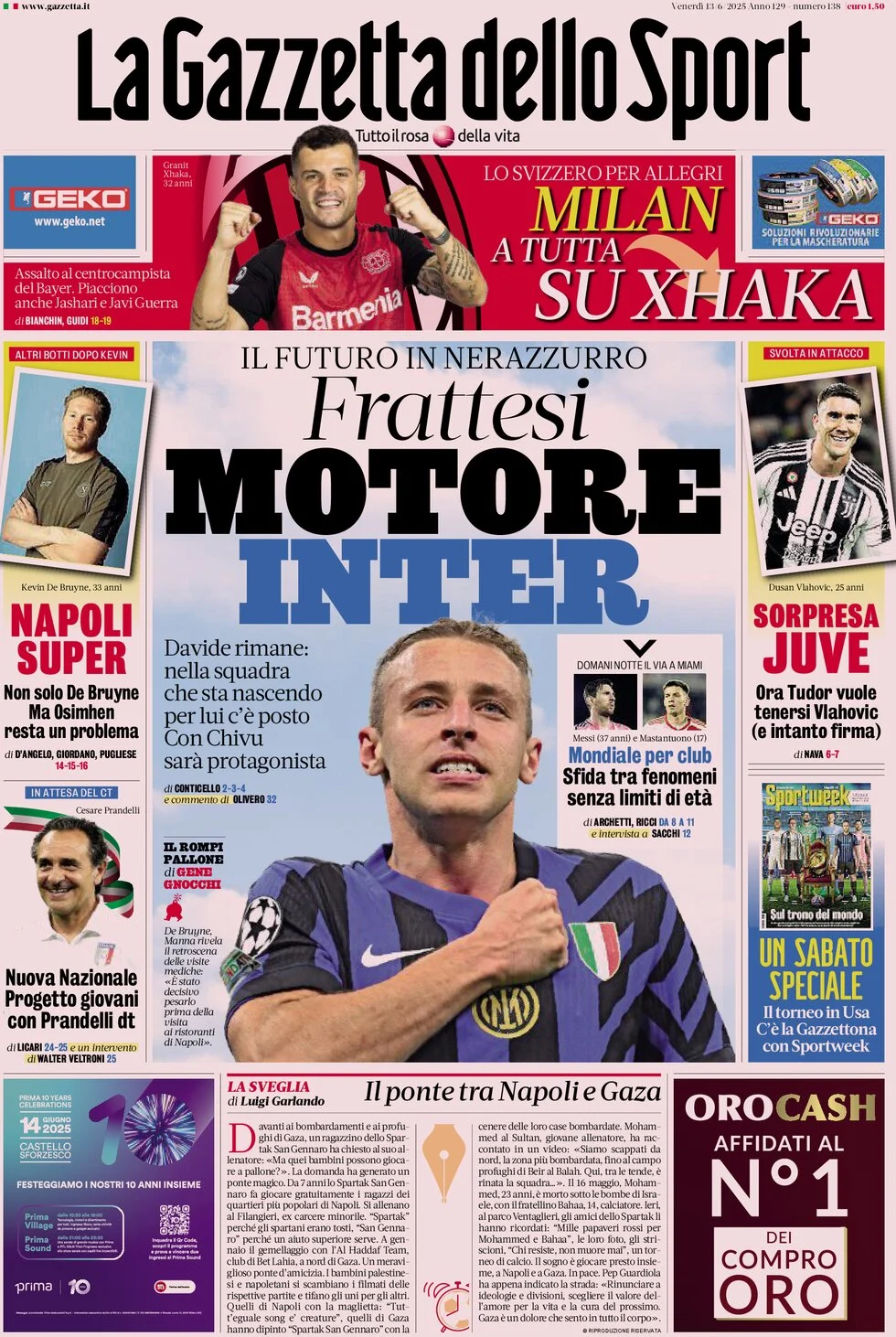 anteprima della prima pagina di la-gazzetta-dello-sport del 13/06/2025