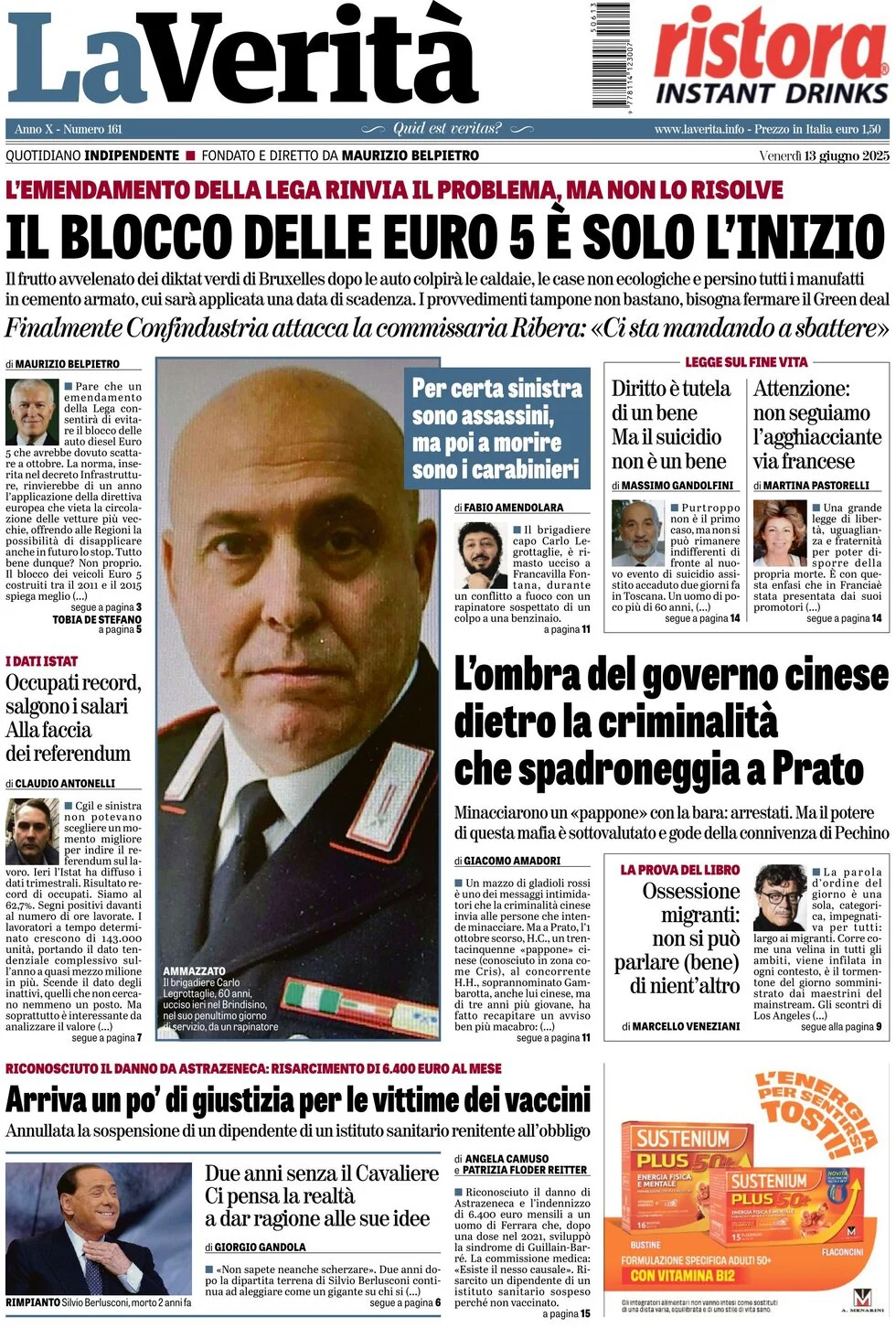 anteprima della prima pagina di la-verit del 13/06/2025