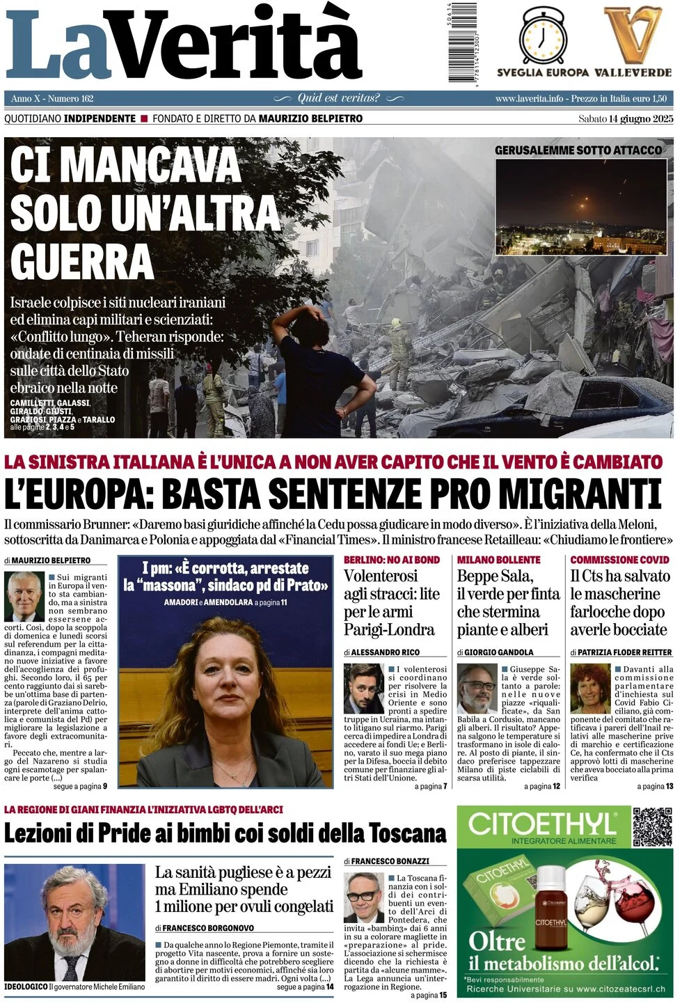 anteprima della prima pagina di la-verit del 14/06/2025