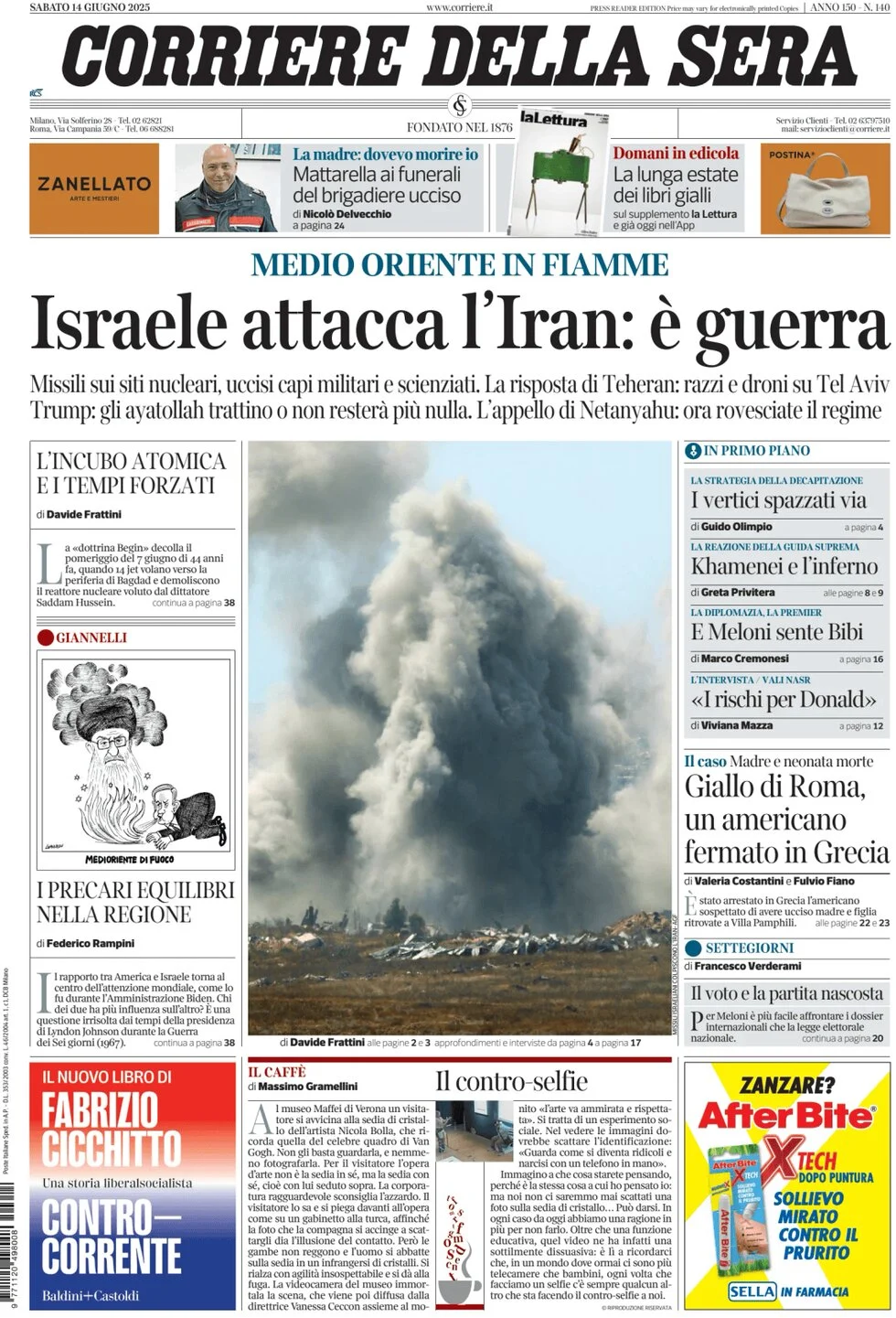 anteprima della prima pagina di corriere-della-sera del 14/06/2025