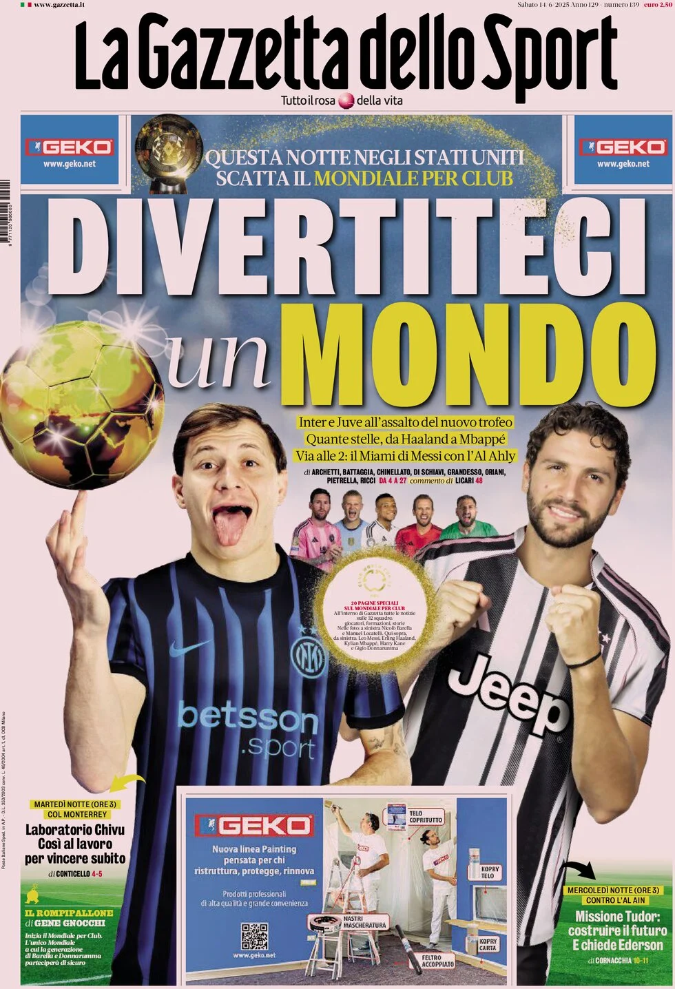 anteprima della prima pagina di la-gazzetta-dello-sport del 14/06/2025