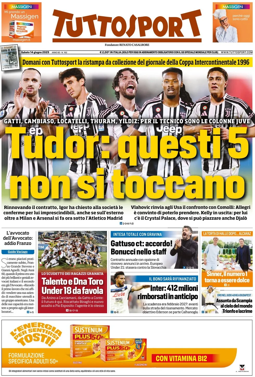 anteprima della prima pagina di tuttosport del 14/06/2025
