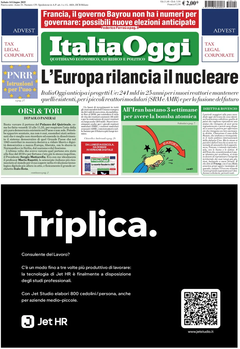 anteprima della prima pagina di italiaoggi del 14/06/2025