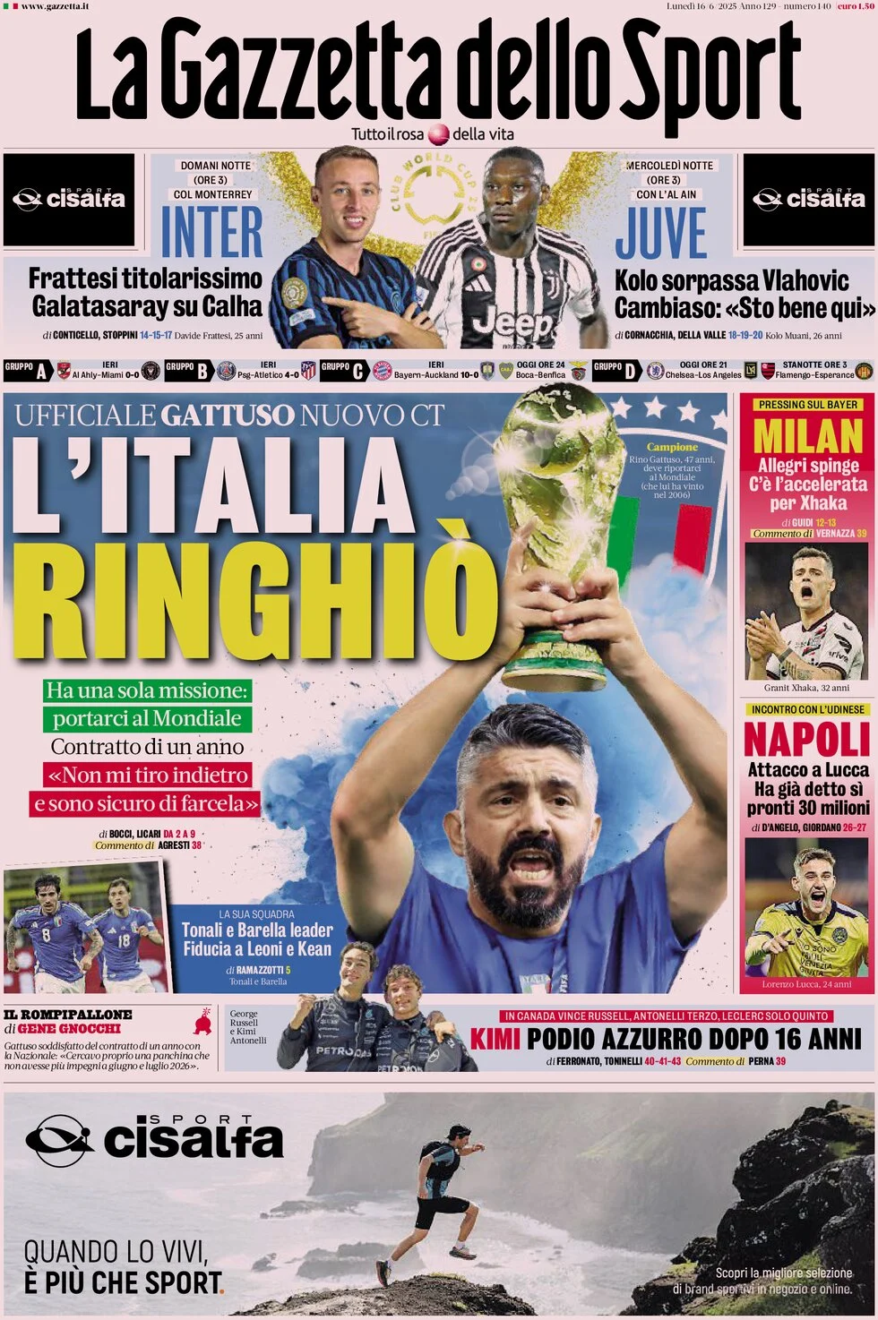 anteprima della prima pagina di la-gazzetta-dello-sport del 16/06/2025