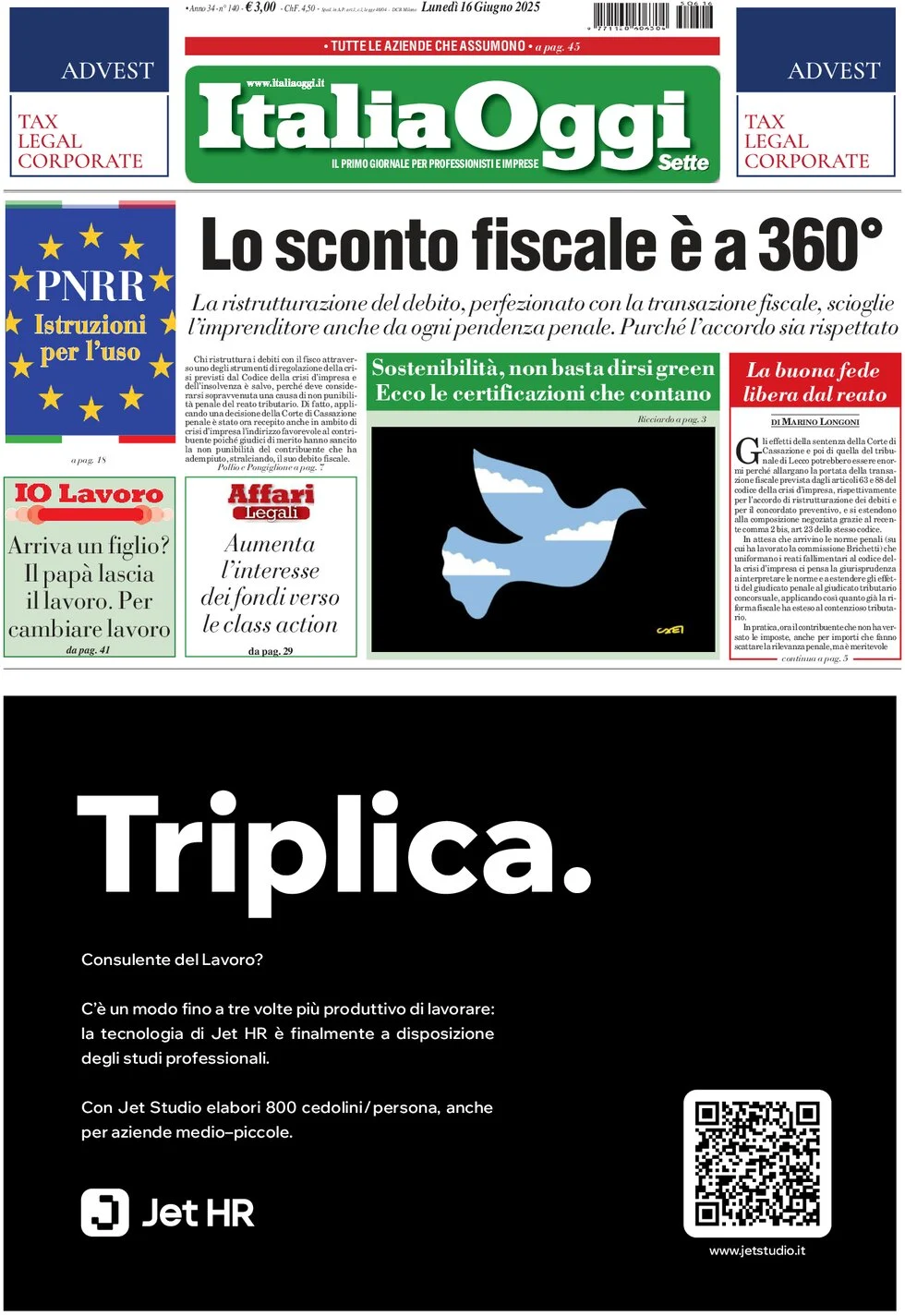 anteprima della prima pagina di italiaoggi del 16/06/2025