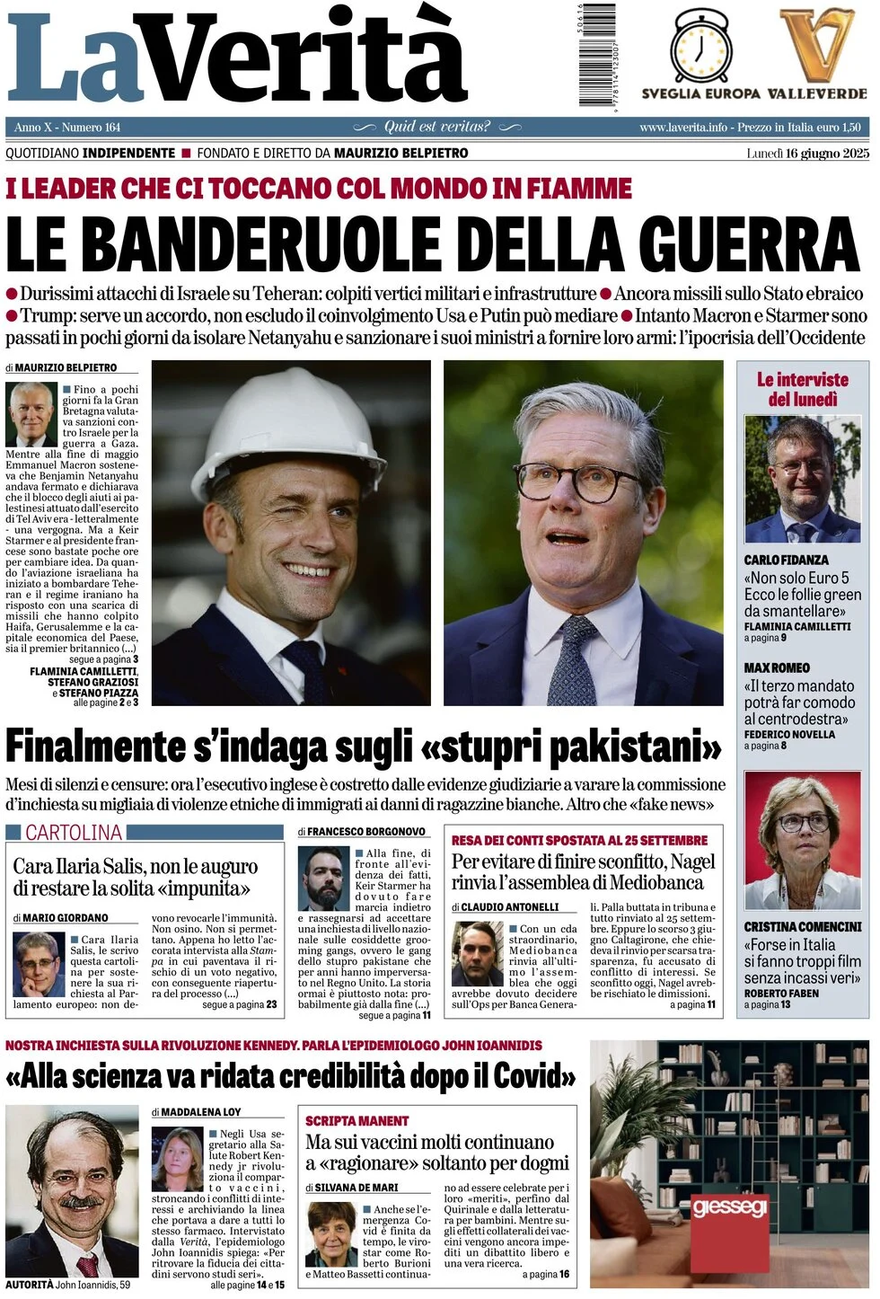 anteprima della prima pagina di la-verit del 16/06/2025