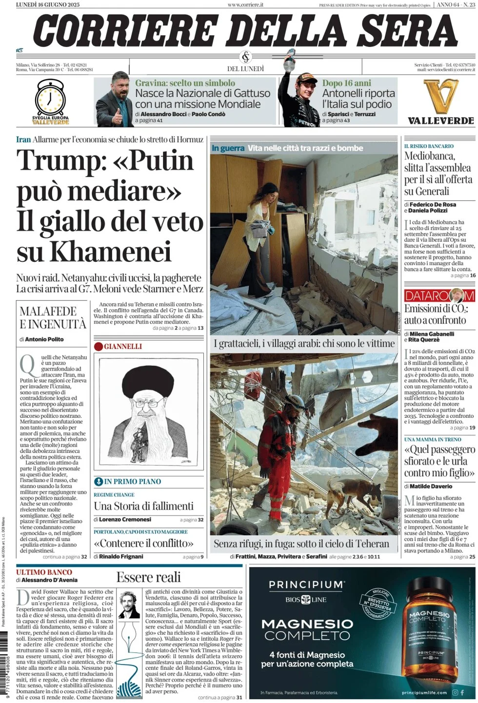 anteprima della prima pagina di corriere-della-sera del 16/06/2025