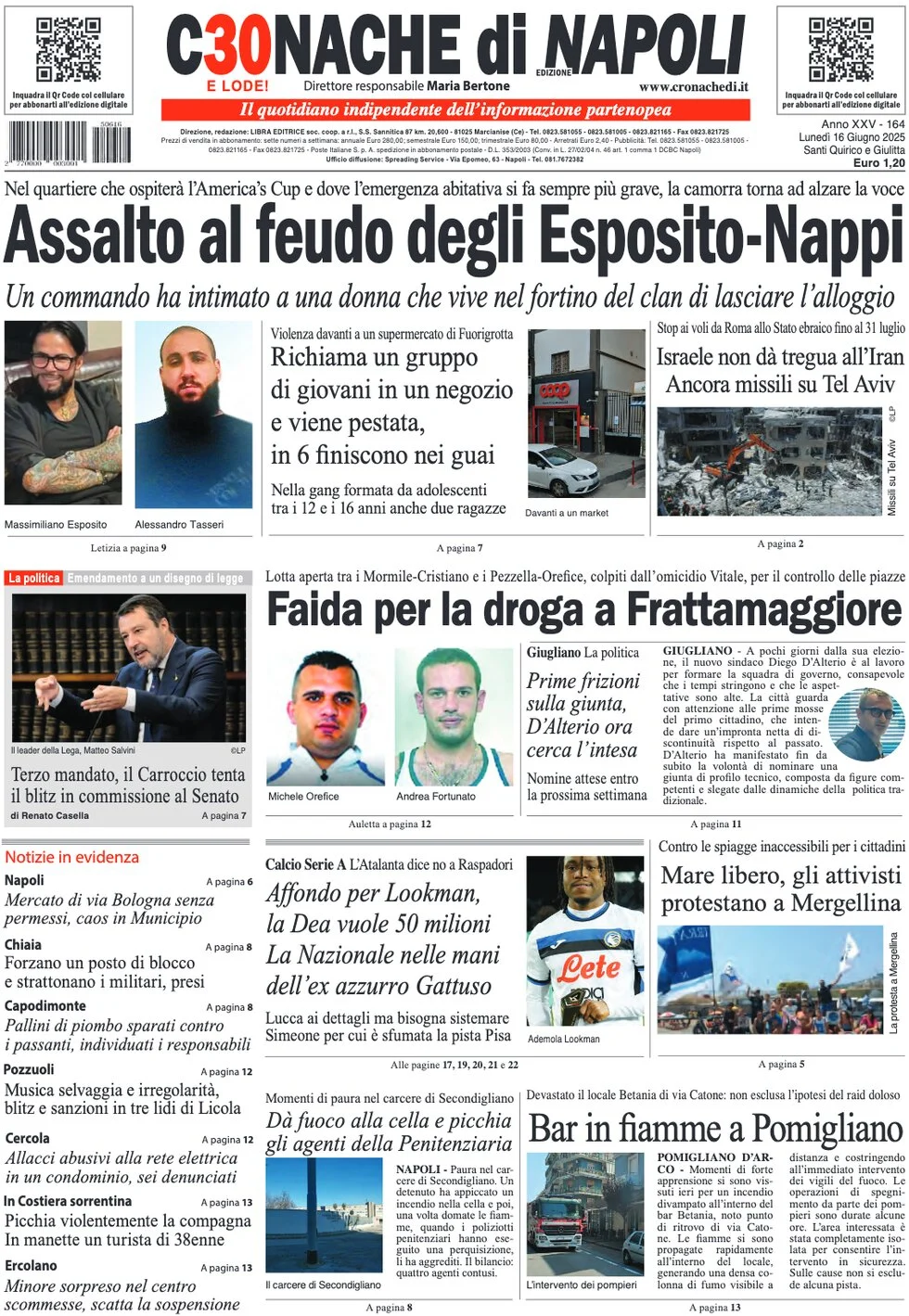 anteprima della prima pagina di cronache-di-napoli del 16/06/2025