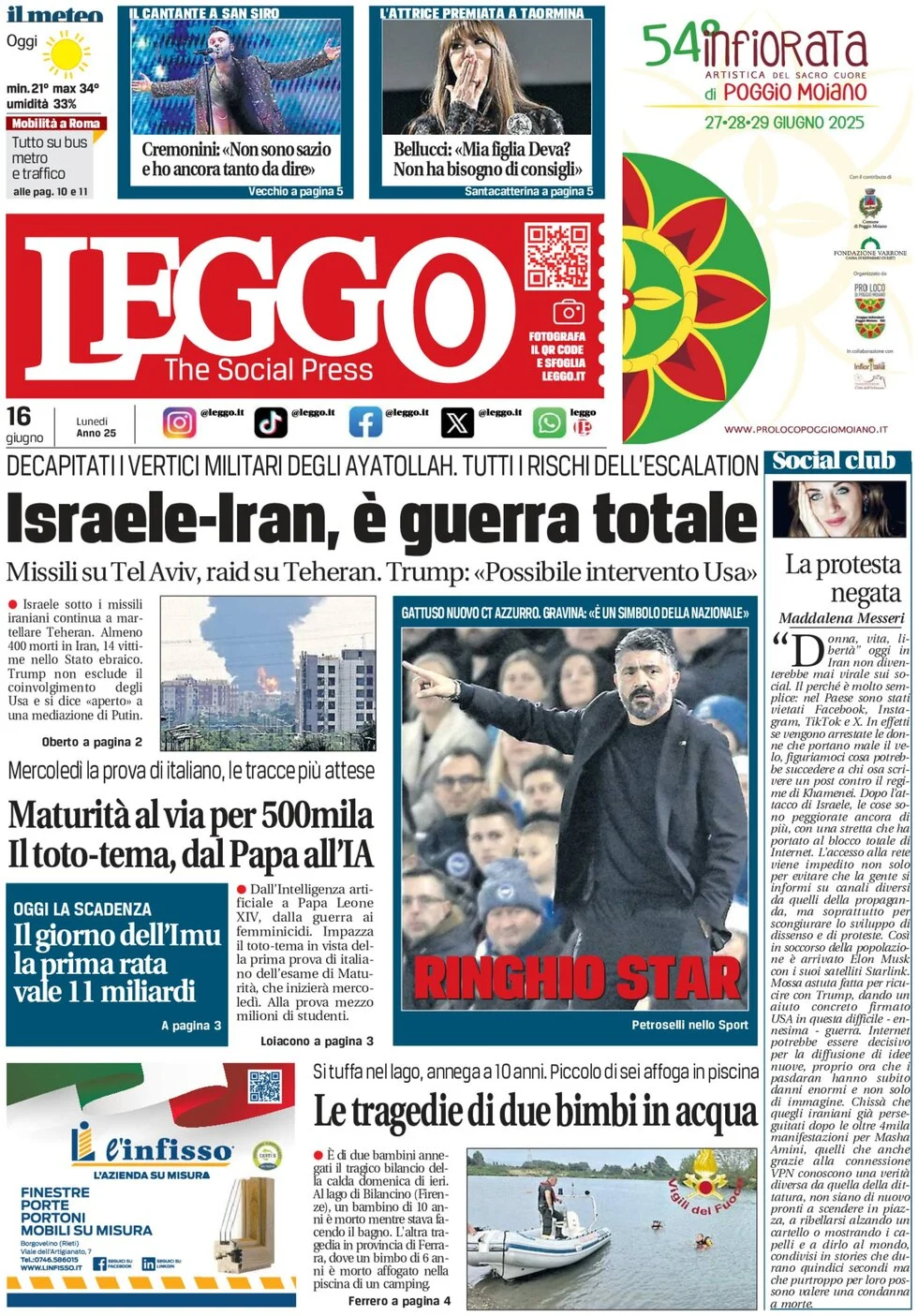 anteprima della prima pagina di leggo-roma del 16/06/2025