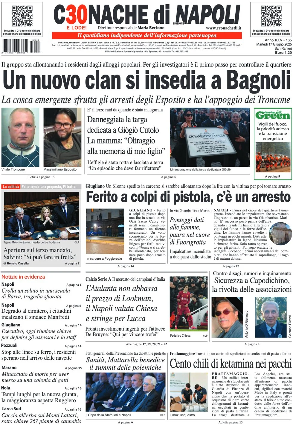 anteprima della prima pagina di cronache-di-napoli del 17/06/2025