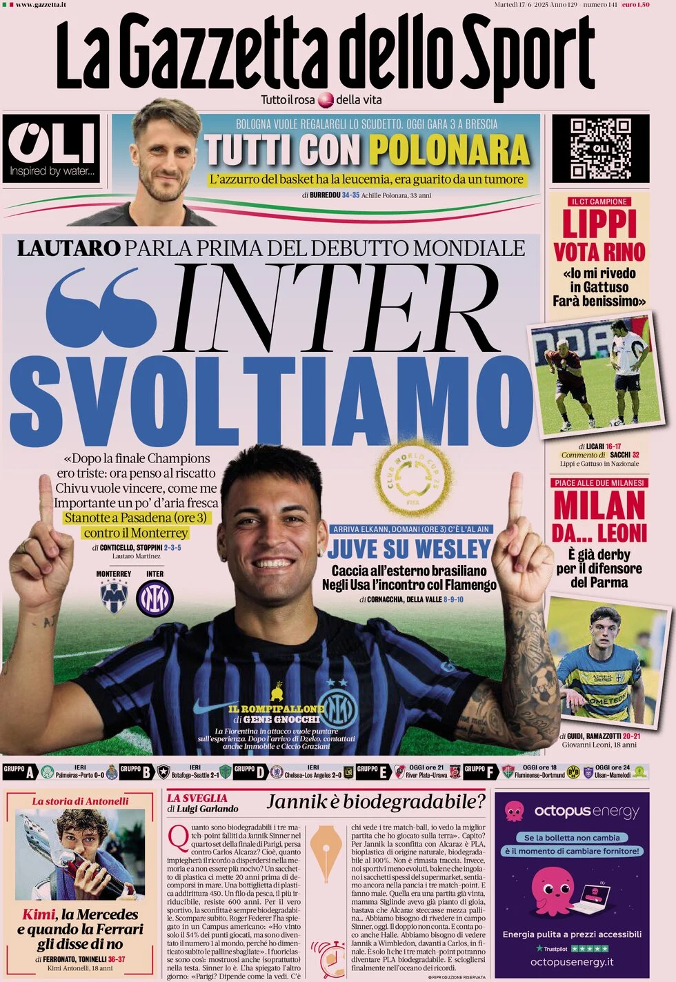 anteprima della prima pagina di la-gazzetta-dello-sport del 17/06/2025