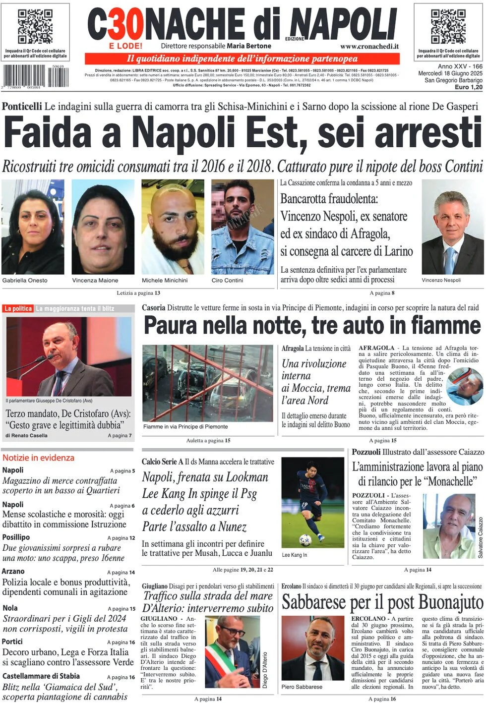 anteprima della prima pagina di cronache-di-napoli del 18/06/2025