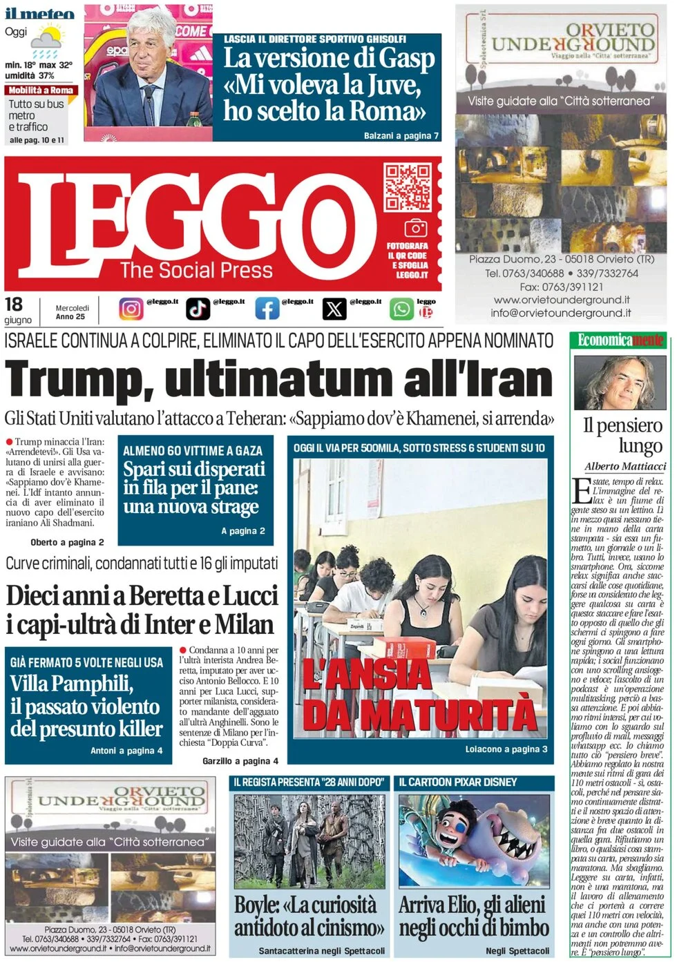 anteprima della prima pagina di leggo-roma del 18/06/2025