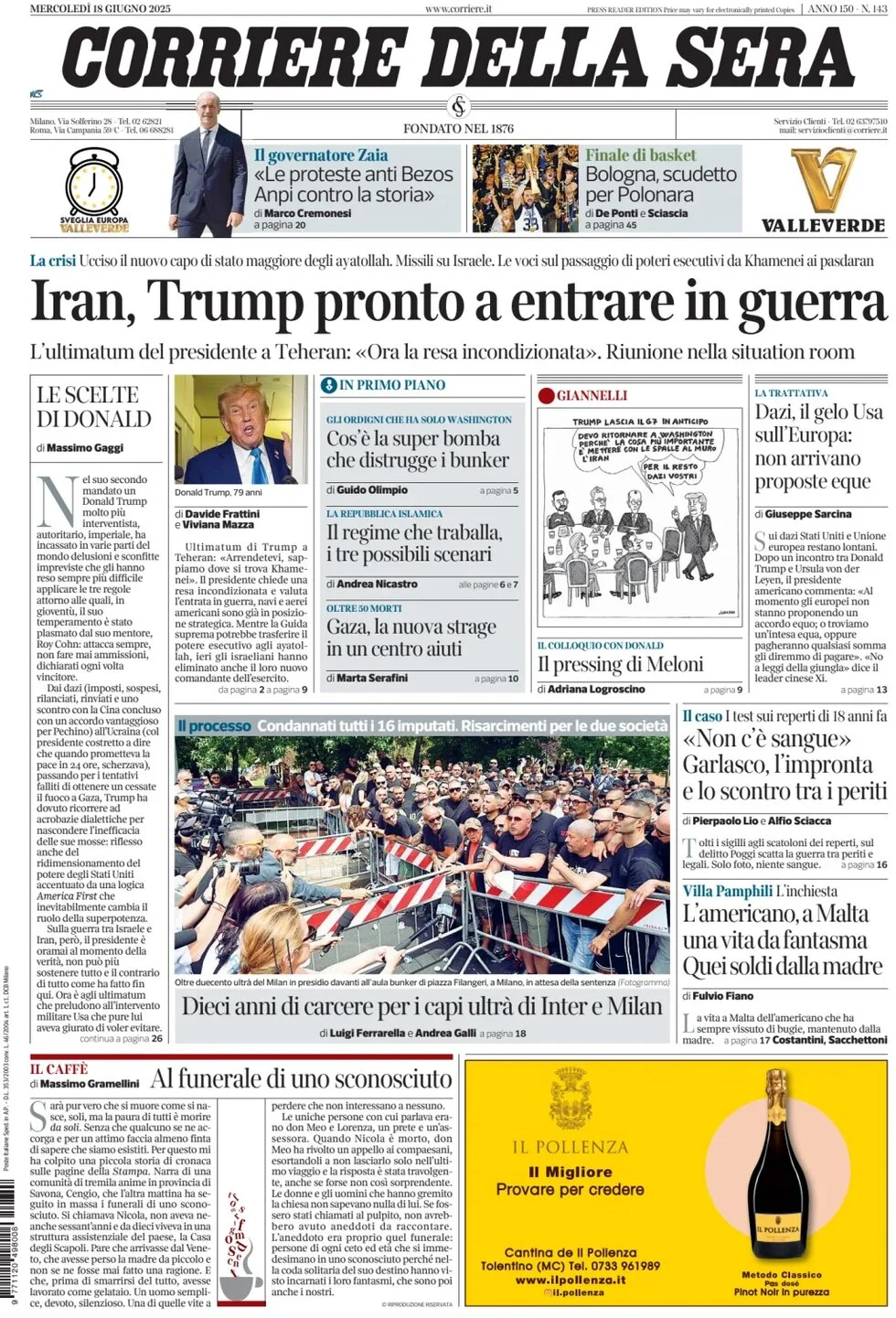 anteprima della prima pagina di corriere-della-sera del 18/06/2025