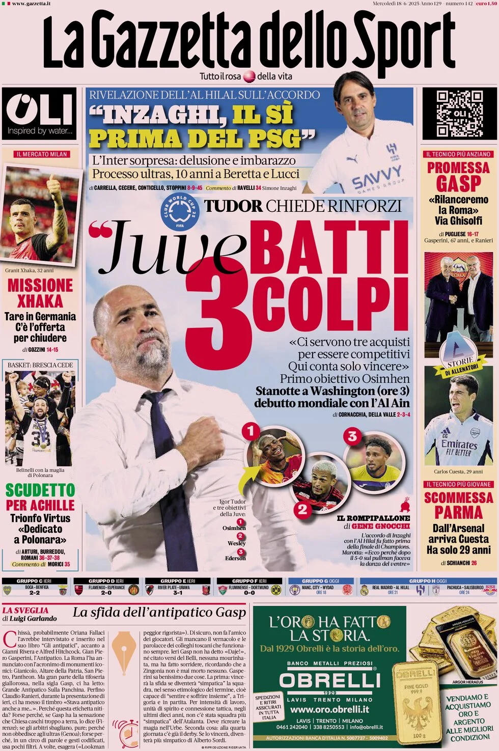 anteprima della prima pagina di la-gazzetta-dello-sport del 18/06/2025