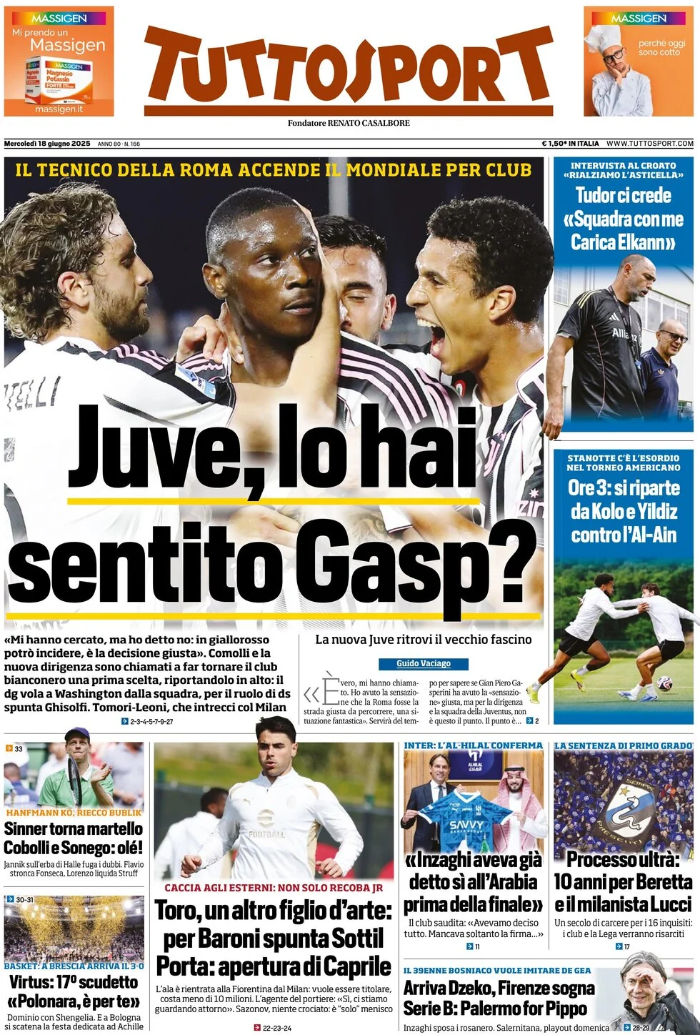 anteprima della prima pagina di tuttosport del 18/06/2025