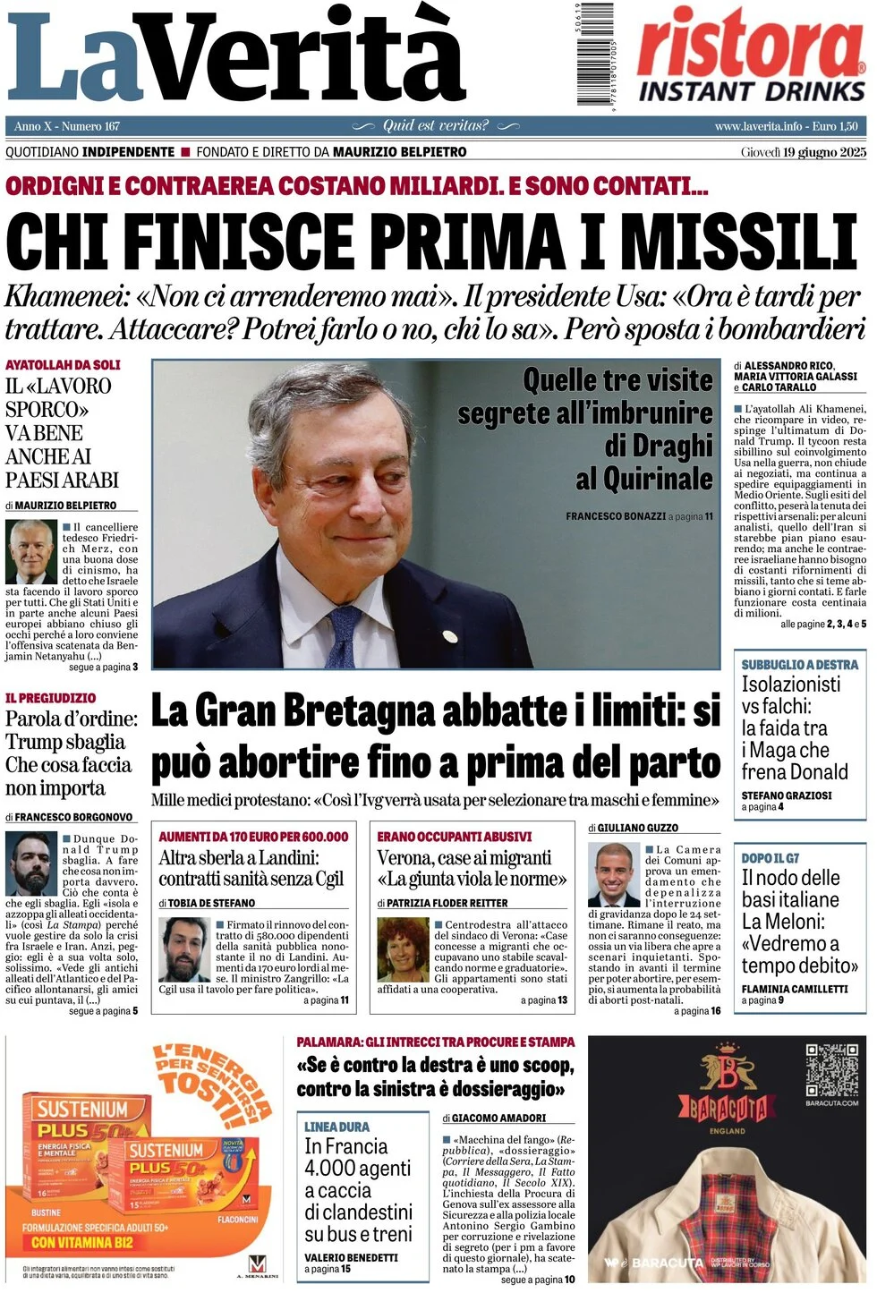anteprima della prima pagina di la-verit del 19/06/2025