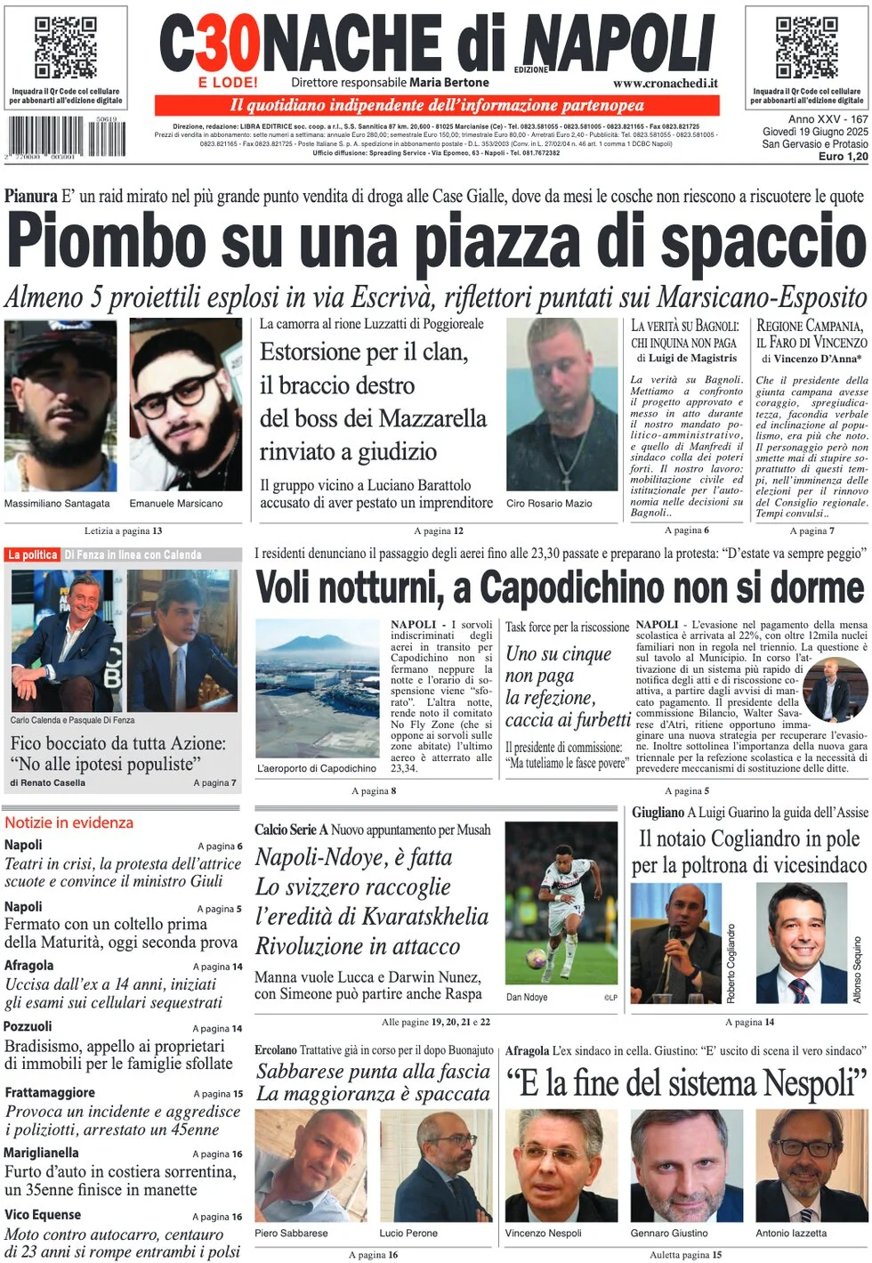 anteprima della prima pagina di cronache-di-napoli del 19/06/2025