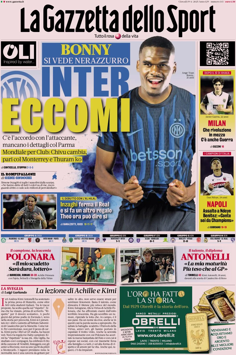 anteprima della prima pagina di la-gazzetta-dello-sport del 19/06/2025