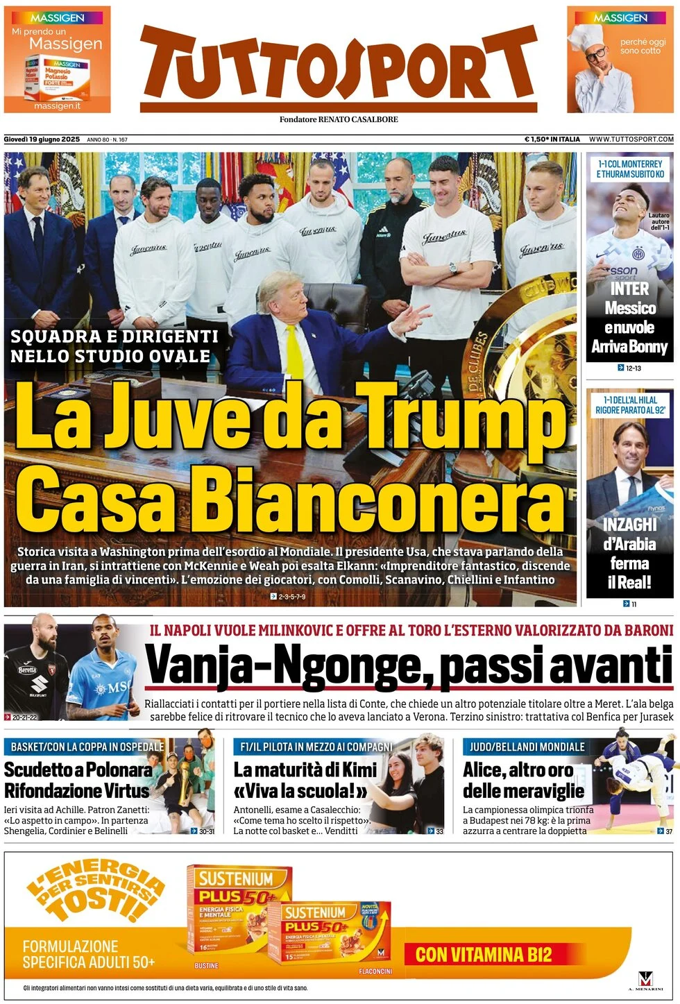 anteprima della prima pagina di tuttosport del 19/06/2025