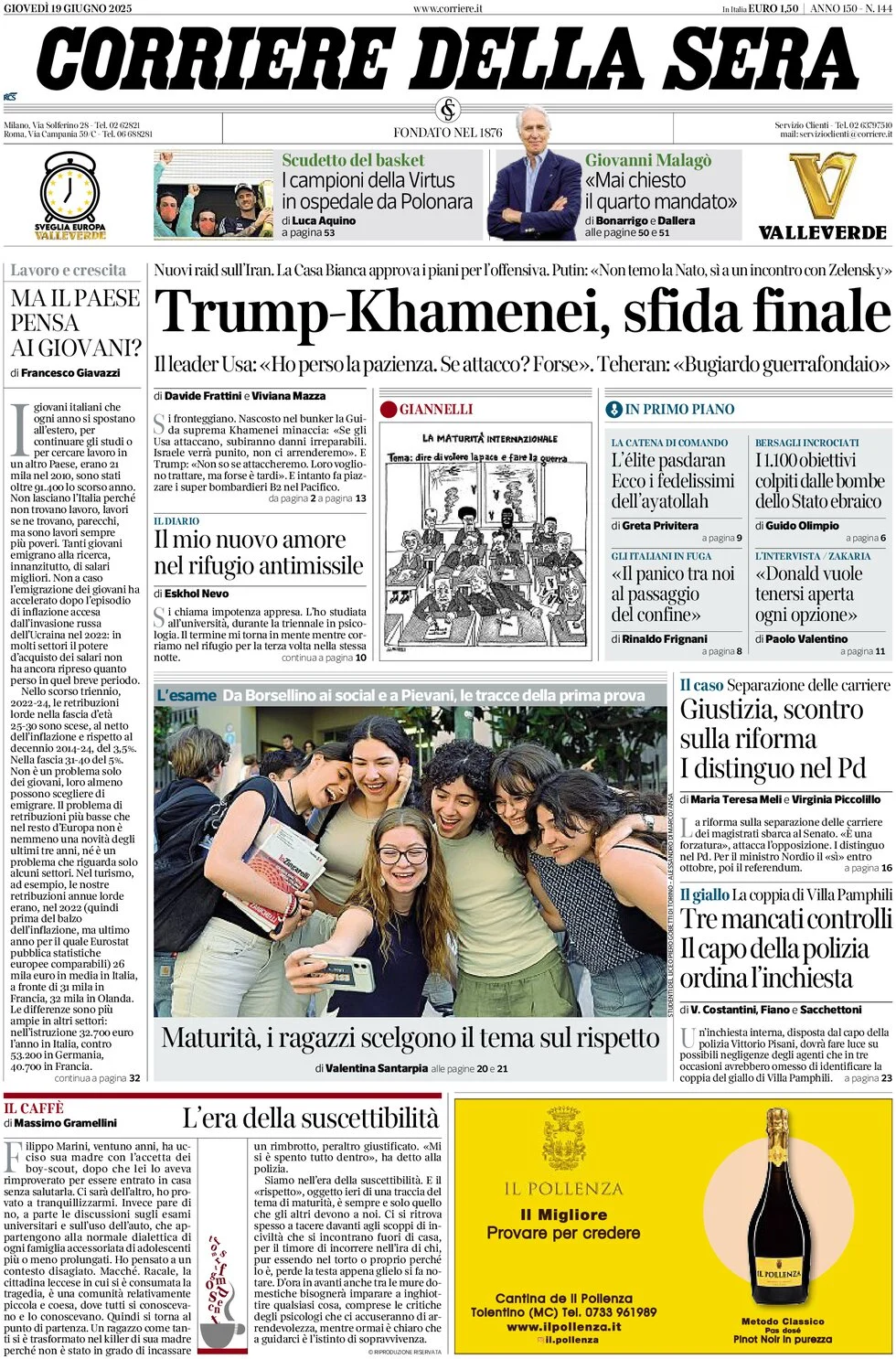 anteprima della prima pagina di corriere-della-sera del 19/06/2025