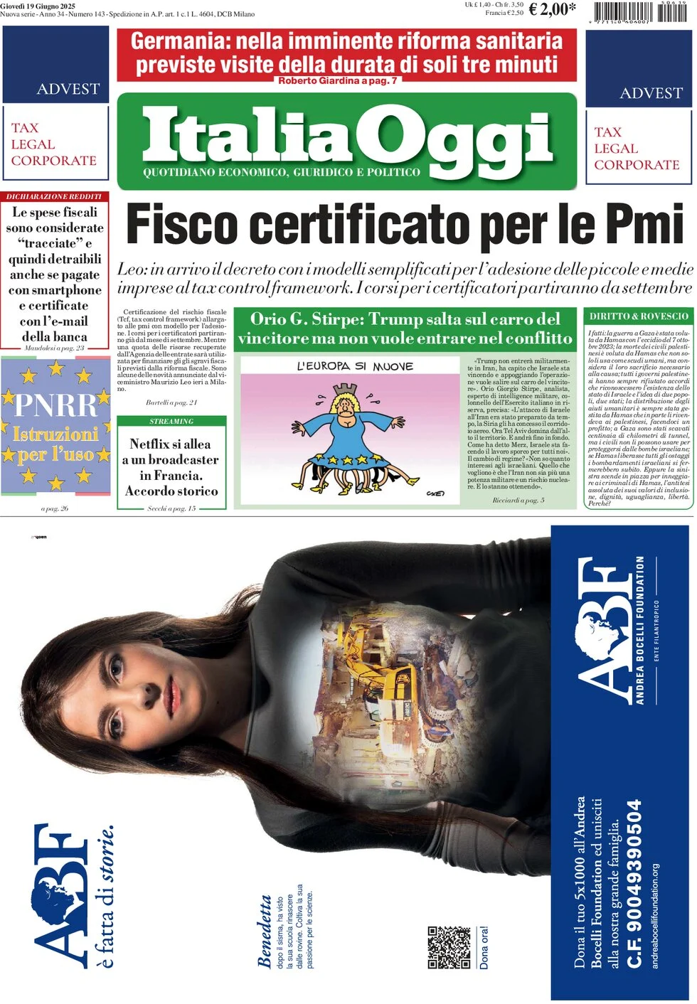 anteprima della prima pagina di italiaoggi del 19/06/2025