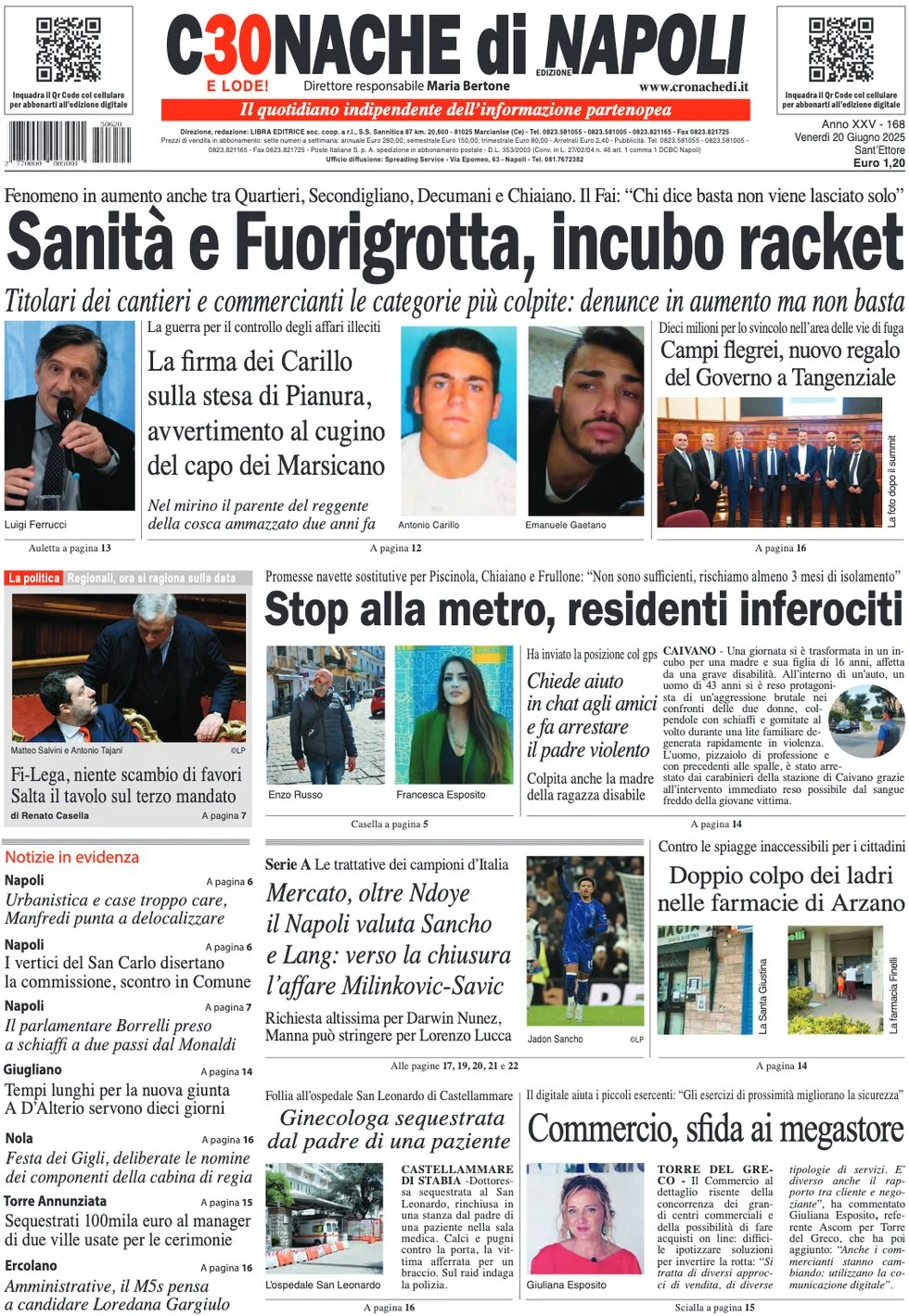 anteprima della prima pagina di cronache-di-napoli del 20/06/2025