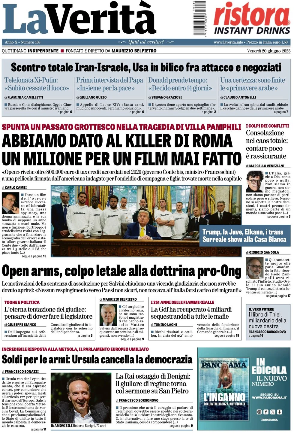 anteprima della prima pagina di la-verit del 20/06/2025