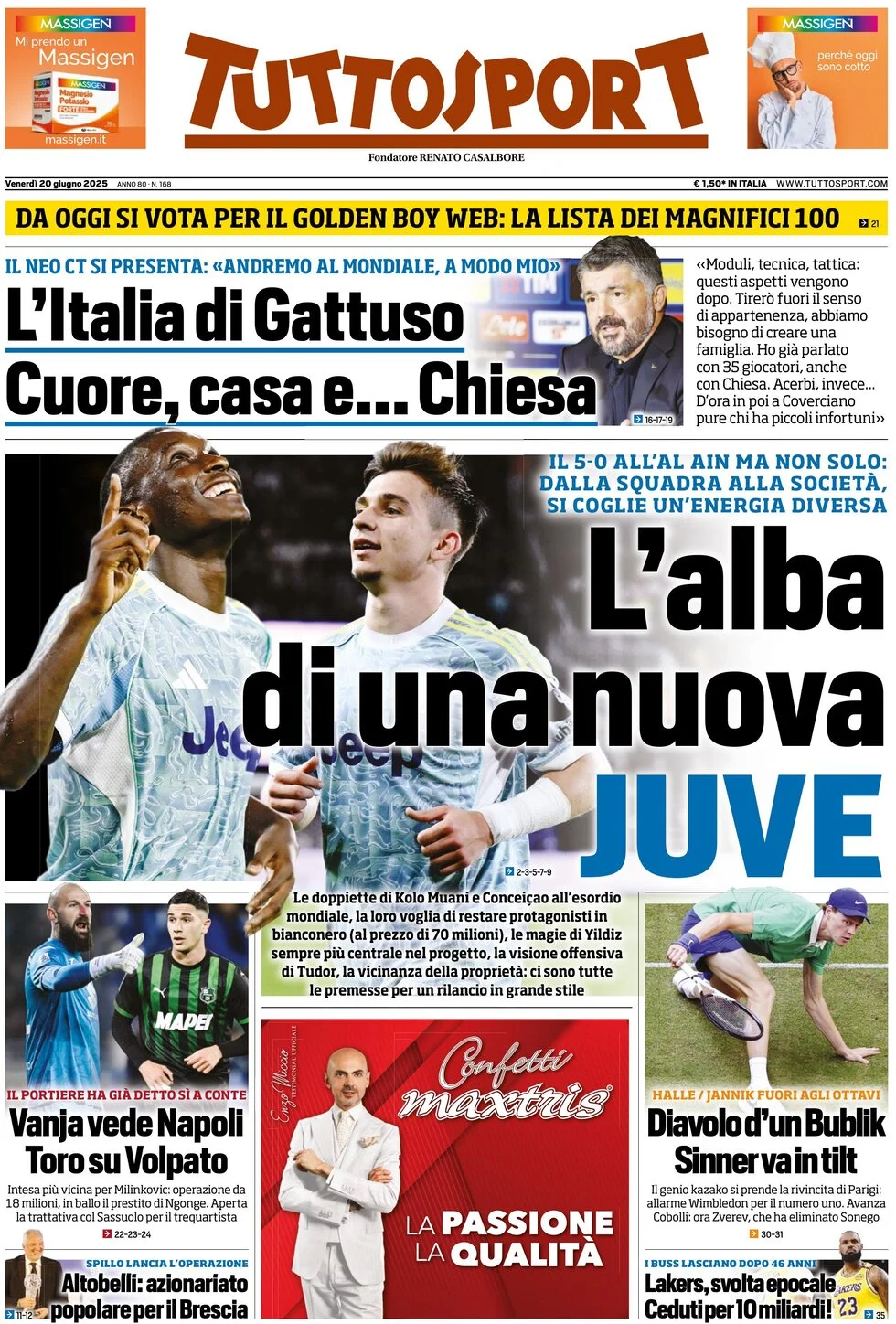 anteprima della prima pagina di tuttosport del 20/06/2025