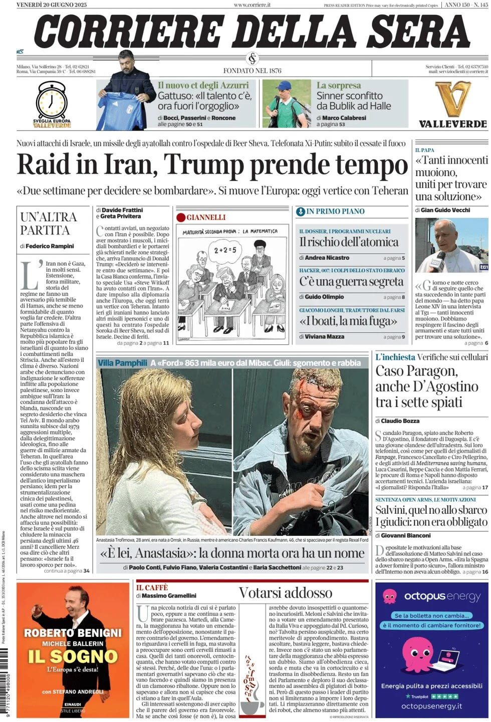 anteprima della prima pagina di corriere-della-sera del 20/06/2025