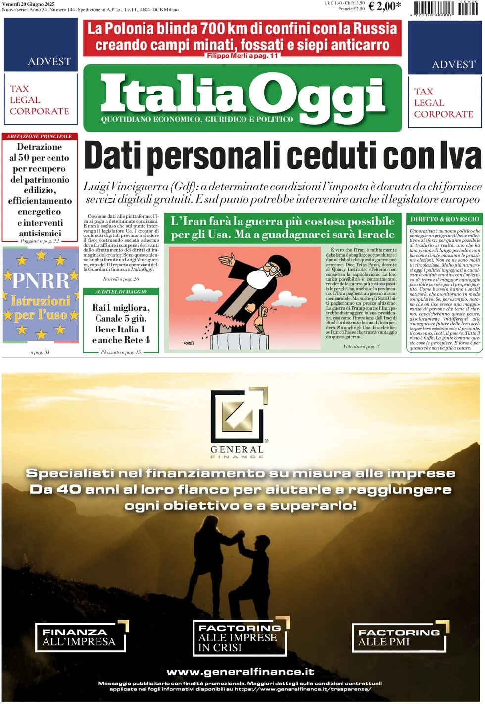 anteprima della prima pagina di italiaoggi del 20/06/2025