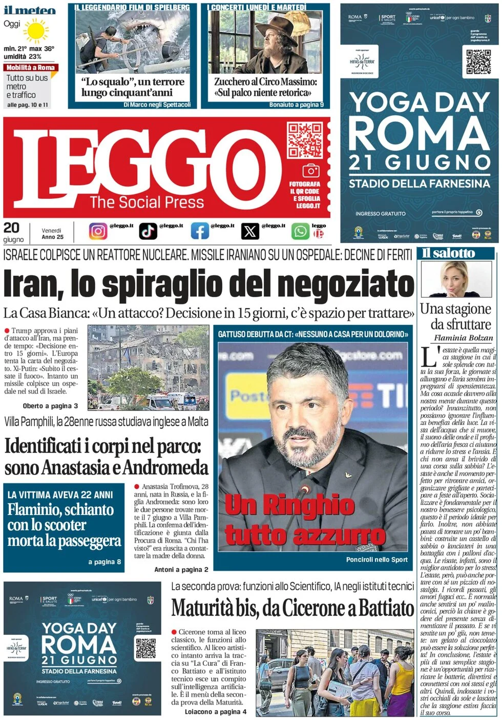 anteprima della prima pagina di leggo-roma del 20/06/2025