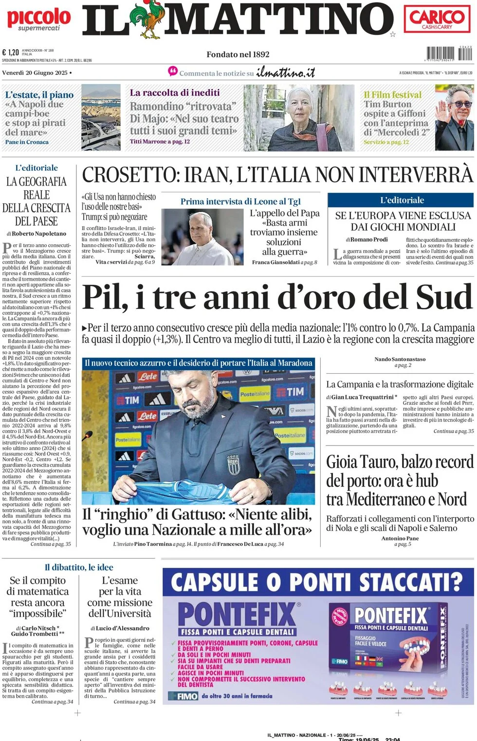 anteprima della prima pagina di il-mattino del 20/06/2025
