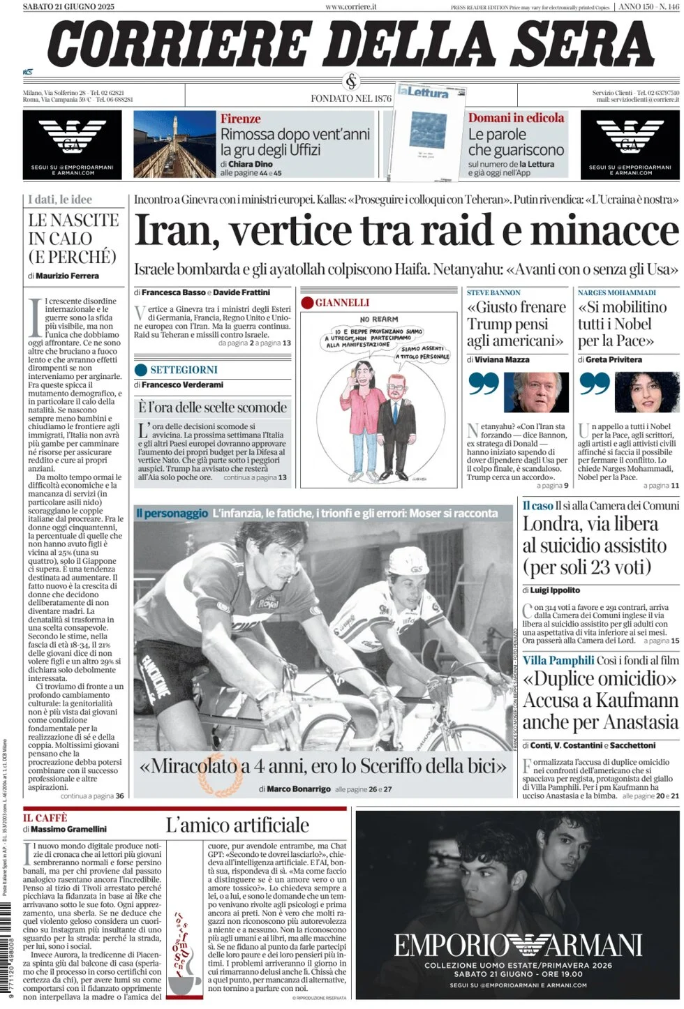 anteprima della prima pagina di corriere-della-sera del 21/06/2025