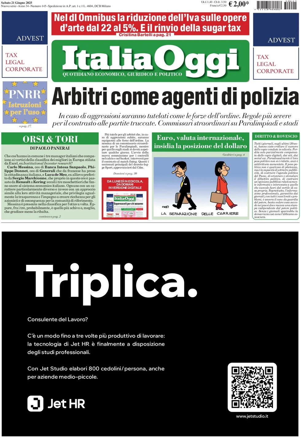 anteprima della prima pagina di italiaoggi del 21/06/2025